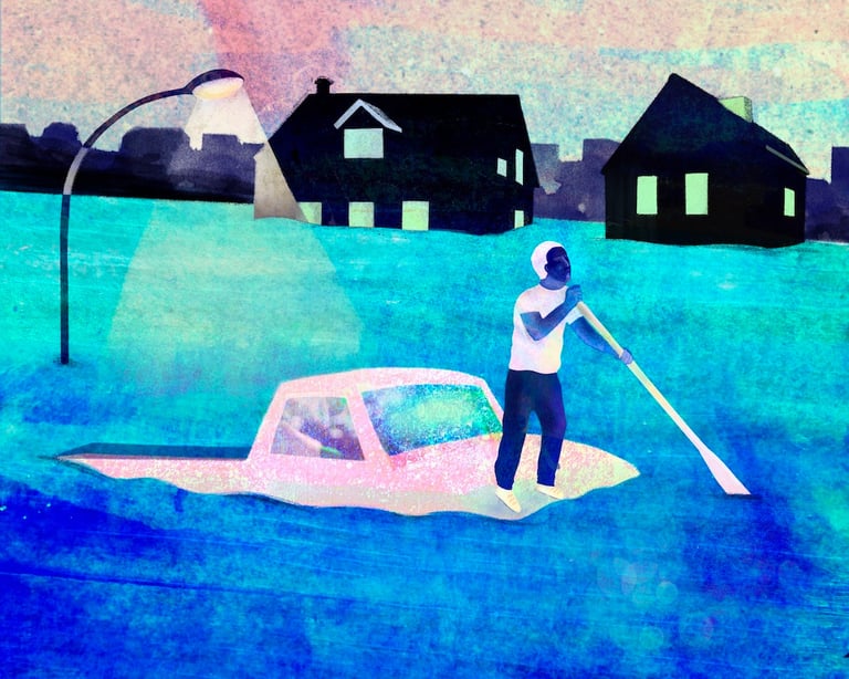 illustration d'une personne pagayant sur un pick-up au milieu d'une inondation