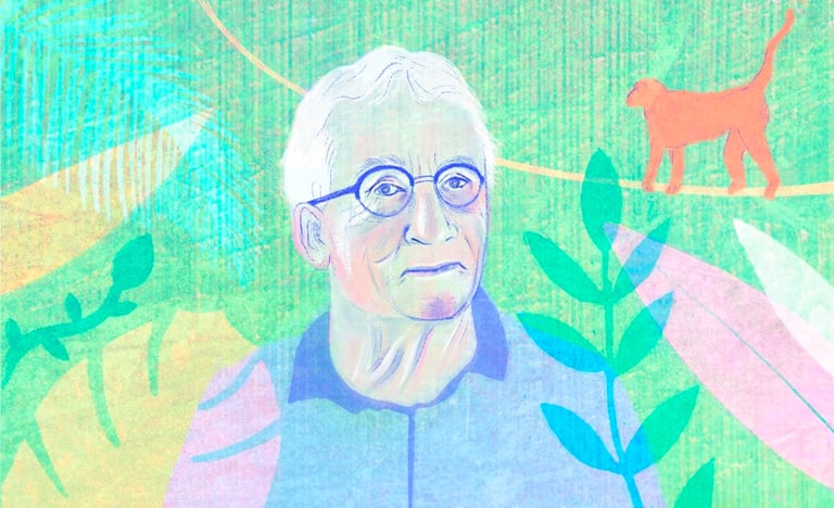 illustration représentant Frans de waal au milieu de la nature avecun singe sur un branche