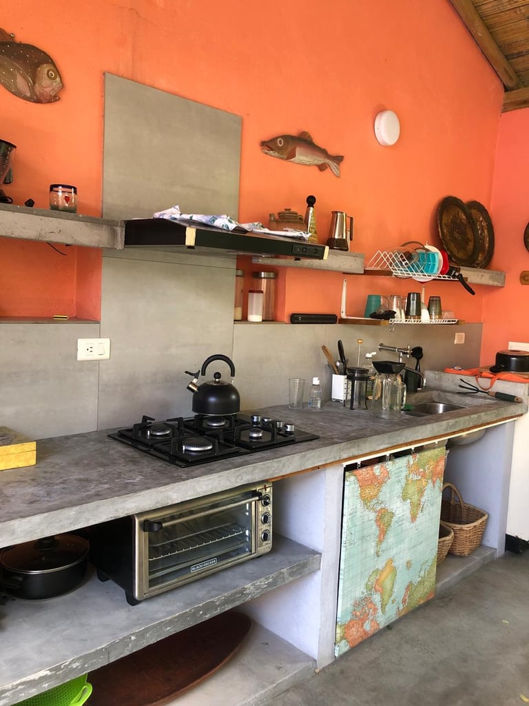 Rustic kitchen with concrete countertops, gas stove, and orange walls featuring fish decor.
