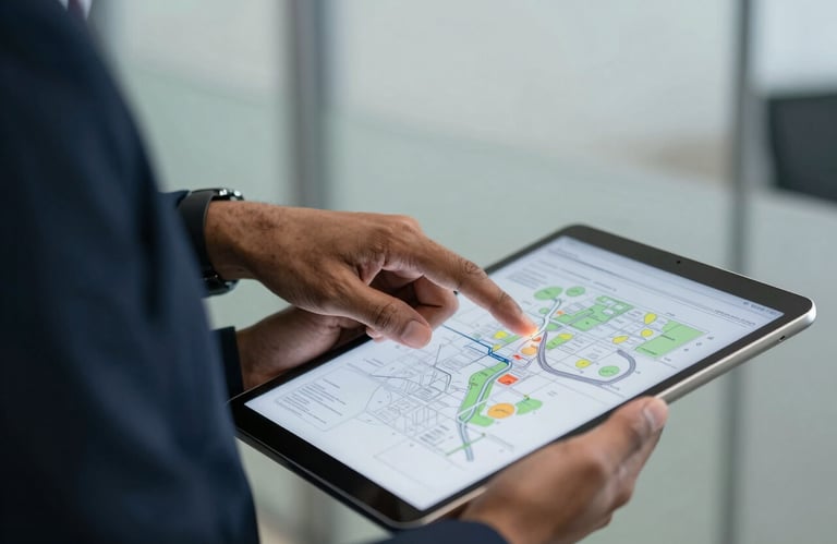 A close-up photograph of a professional hand pointing at a site plan on a tablet, held by a person in business attire in a South Asian / Indian office setting. Soft focus on the background featuring Light Grey-Green office accents.