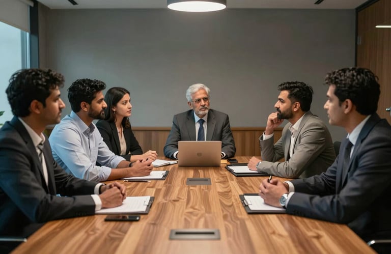 A group of South Asian / Indian professionals engaged in a collaborative discussion around a large wooden table in a high-end, contemporary boardroom. The lighting is sophisticated, emphasizing a professional mood.