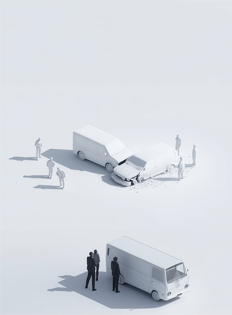 ccident scene reconstruction with a van and car collision, and people assessing damage for claims management.