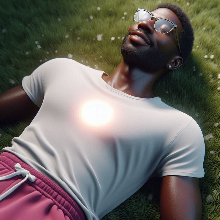 Black man with divine light in his chest meditating