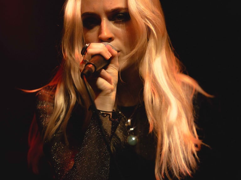 A dark and moody photo of a singer with a microphone