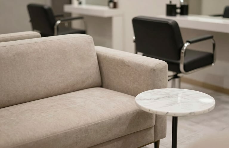 A photograph of a serene, minimalist salon waiting area featuring a light beige sofa and a white marble side table. Professional and inviting. North American / International setting.