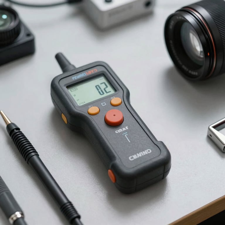 A close-up of a high-tech voltage tester and professional tools laid out neatly on a clean workspace, showcasing modern methods and accuracy.