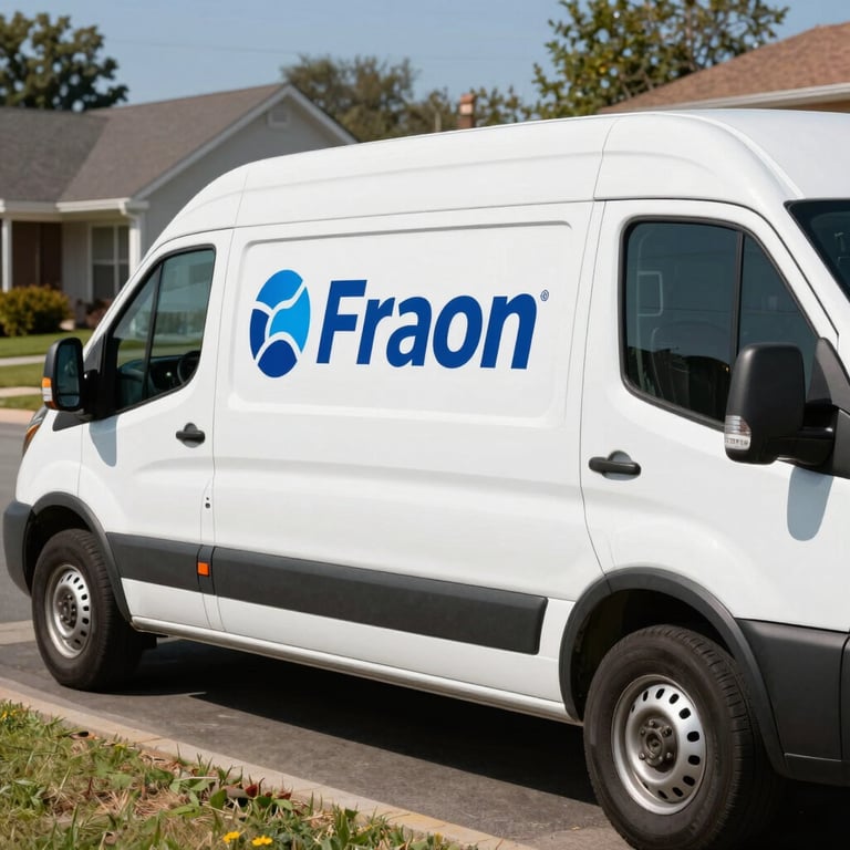 A clean, white service van with a professional logo parked in a sunny North American suburban neighborhood, conveying reliability and local service.