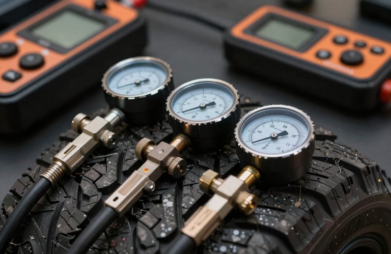 Detailed view of high-precision tire pressure gauges and mobile tools, professional photography, focus on reliability.