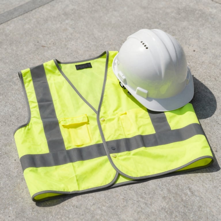Still life photography of a new high-visibility safety vest and a modern construction helmet resting on a clean concrete surface, bright daylight, Central European / German industrial style.
