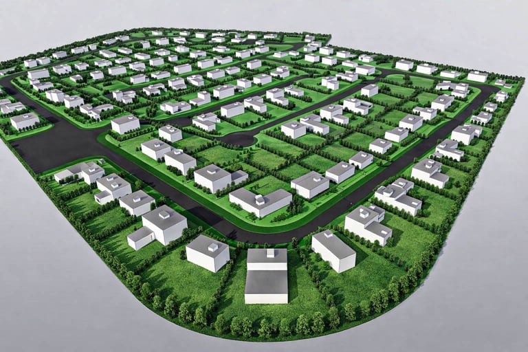 Masterplan de desarrollo residencial con lotes y viviendas en barrio privado