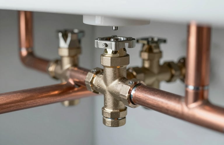 A close-up of professional plumbing installation with copper pipes and high-quality valves. The focus is sharp, showing clean solder joints and technical excellence. Palette involves #AAB7B8 and #F8F9F9 tones.
