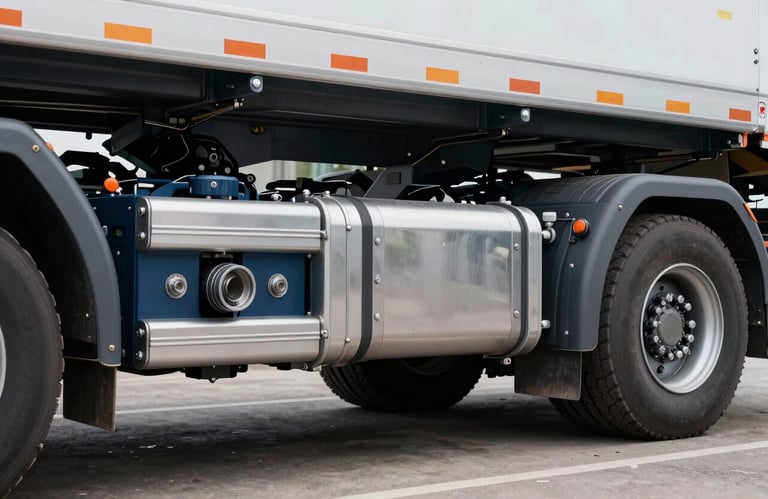 A high-detail photograph of a heavy-duty truck trailer coupling mechanism, reflecting silver blue and steel blue colors, set in a clean Central European / Polish logistics environment.
