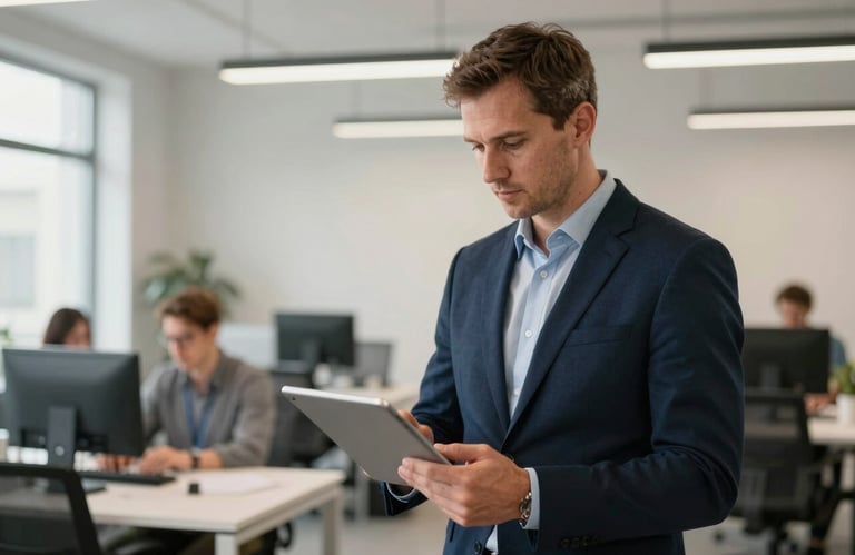 A professional logistics manager holding a digital tablet in a modern Central European / Polish office environment, navy blue and soft off-white color palette.