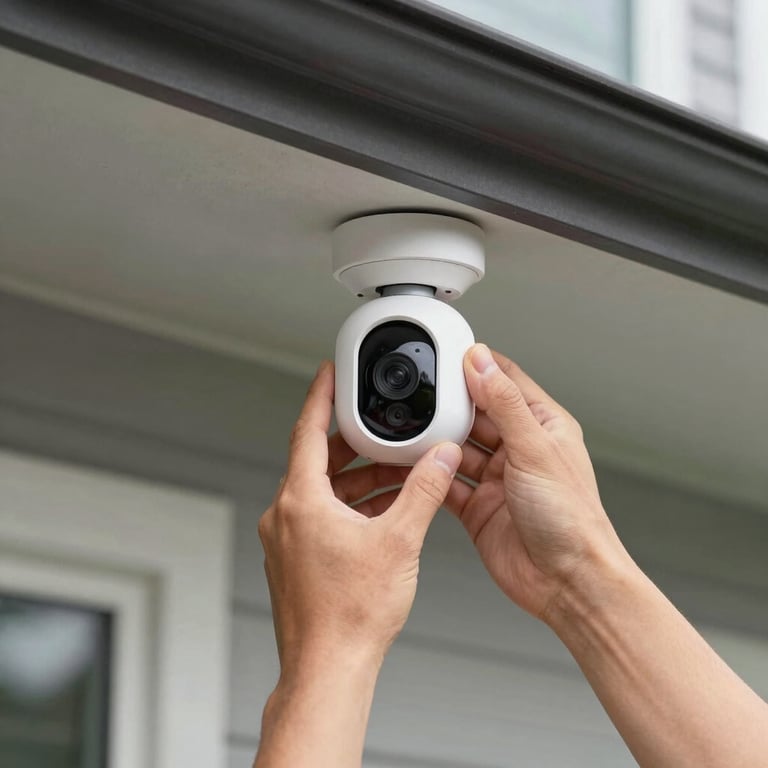 Close-up of professional hands securely mounting a white smart security camera under the eave of a modern North American suburban house.