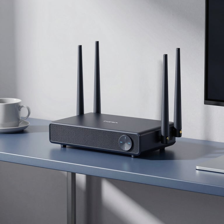 A modern mesh Wi-Fi router and a smart hub sitting on a minimalist steel blue shelf in a well-lit North American home office.