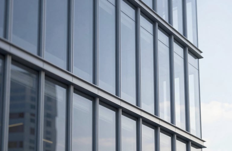 Technical drawing of a glass facade structure overlaying a photograph of aluminum profiles. Professional, engineering-focused imagery using #4A5568 and #EDF2F7.