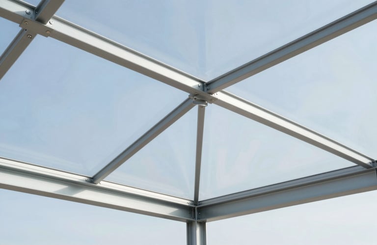 Interior view of a modern glass roof being finalized, showing the robust aluminum structure against a bright sky. Professional installation scene. Colors include #EDF2F7 and #4A5568.