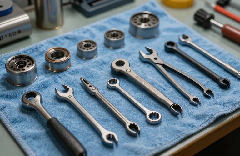 A collection of high-end mechanical tools organized neatly on a soft steel blue cloth inside a marine workshop.