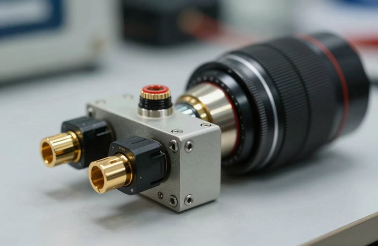 A macro photograph of specialized aviation electronic testing equipment and gold-plated connectors on a clean workbench.