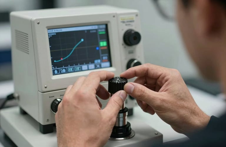 A technician's hand adjusting a high-precision knob on a digital aeronautical device, clean environment, professional focus.