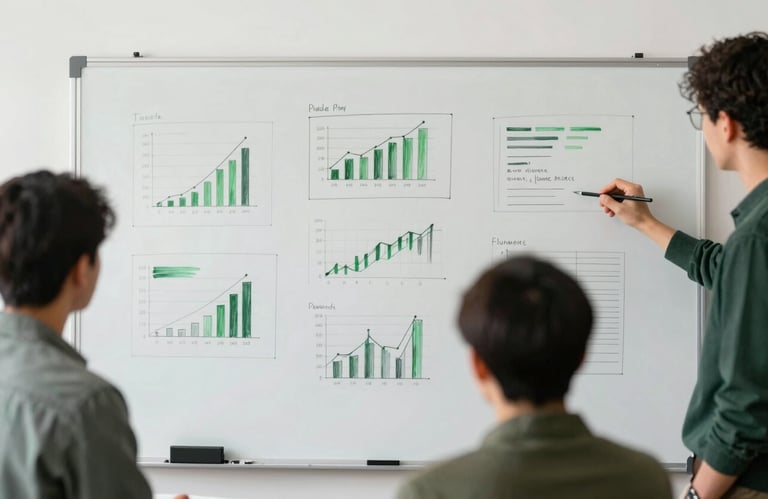 Behind-the-scenes shot of a creative team sketching out a content plan on a whiteboard, featuring Matte Forest Green accents and professional agency equipment. Clean and focused.