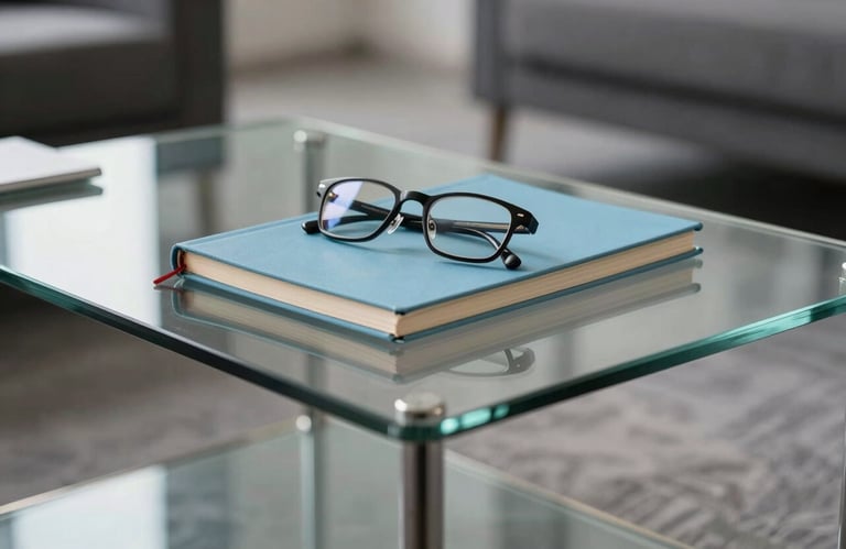 A close-up photograph of a professional glass coffee table in a modern North American office, with a light blue notebook and a pair of spectacles resting on top, emphasizing focus and clarity.