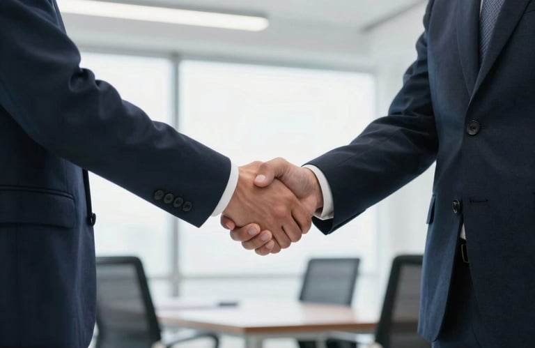 A high-quality photography shot of two business partners shaking hands in a bright, modern office setting in North America, representing a professional and successful agreement.