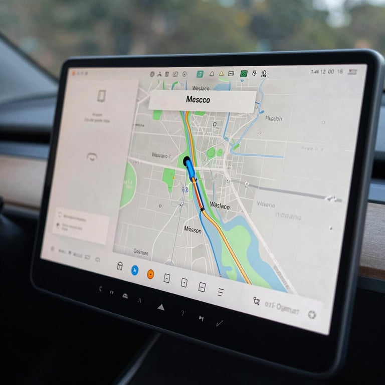 Macro shot of a modern car's digital navigation display showing a map of Weslaco and Mission, Texas, sharp focus, technological and modern style.