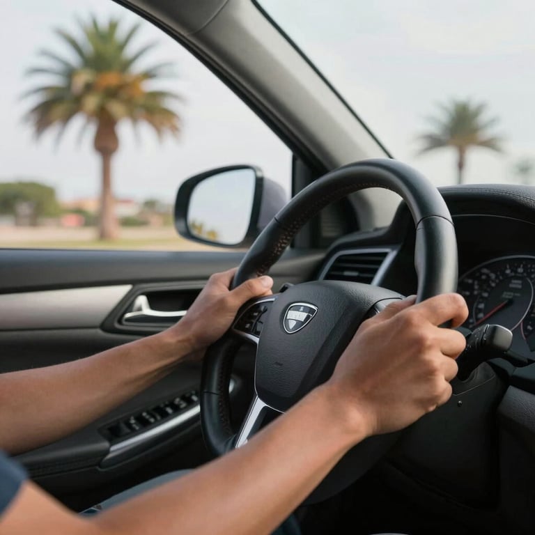 Close up of a professional driver's hands on a steering wheel, clean vehicle interior, with blurred palm trees in the background, North American / Texan-Mexican border region.