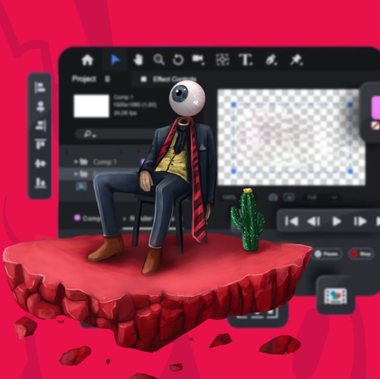 Surreal eyeball character in a suit sitting on a red floating rock with video editing software background.