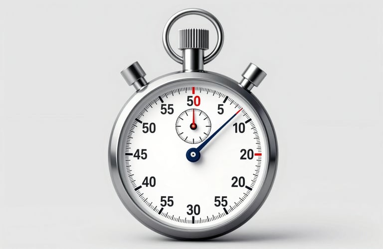 High-tech stopwatch symbol representing speed and efficiency, clean professional design, palette colors #0A1C2C and #F5F7F8.