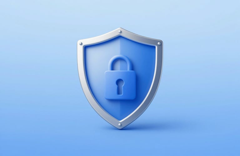 Minimalist icon of a digital security shield, metallic finish, set against a professional soft blue background, #0A1C2C accents.