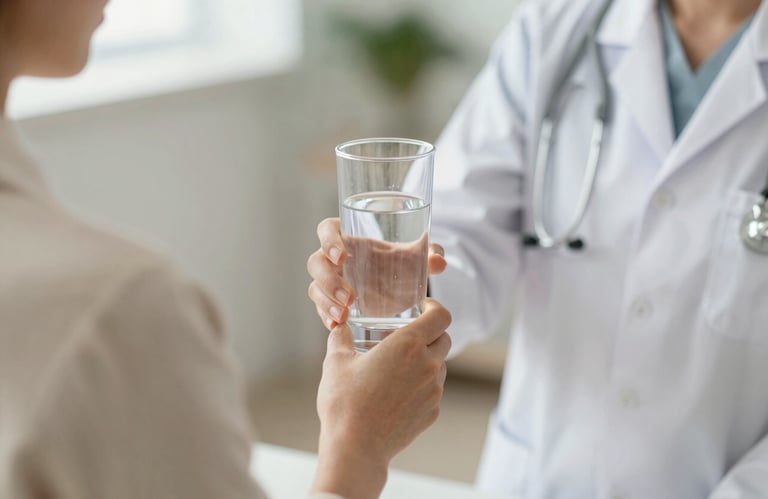 A close-up of a warm interaction: a nutritionist handing a glass of water to a client. Emphasizes care and the 'human touch'. Soft focusing. Colors: #F5F5DC, #84A98C.
