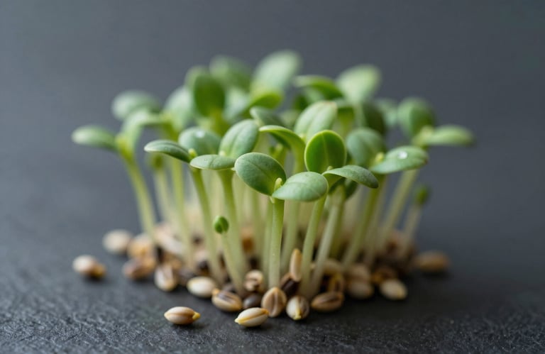Macro shot of fresh green sprouts and healthy seeds on a dark textured background. High contrast, professional food styling. Colors: #84A98C and #2F3E46.