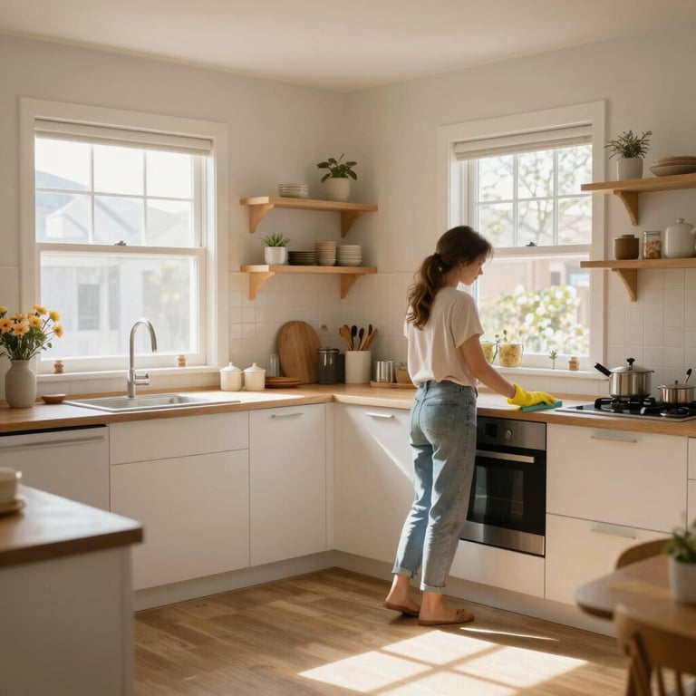 Soft sunlight filtering through a cozy, tidy living room with floral accents.