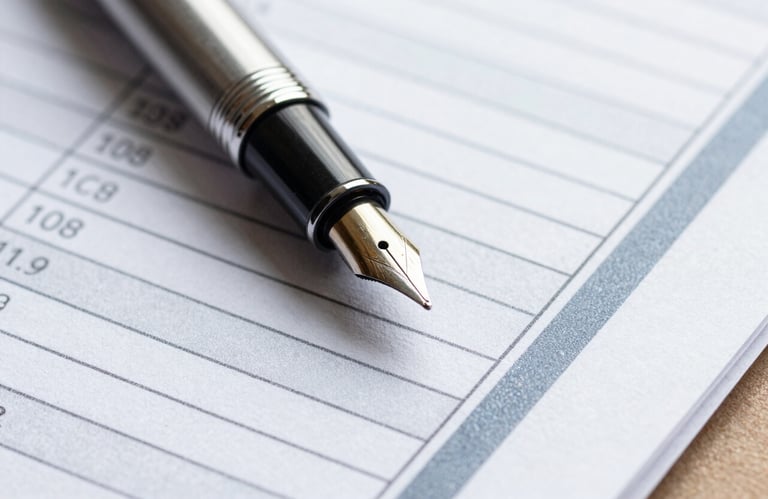 A macro shot of a fountain pen resting on a detailed financial report. The paper shows columns of data and clean, greyish-blue borders. The lighting is crisp, highlighting the high-quality texture of the paper.