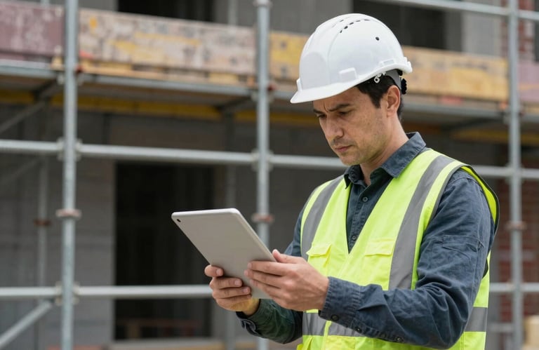 An engineer in a white hard hat reviewing a digital tablet against a background of scaffolding and steel, Northern European construction scene.