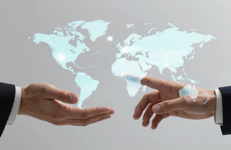 Two professional hands meeting over a holographic projection of a global network map. Empowering and sleek tech aesthetic with #A7BCCD highlights.