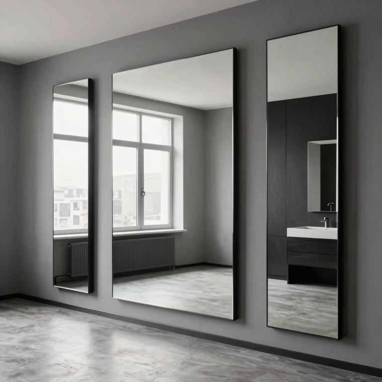 Miroir sur mesure : trois panneaux verticaux créant un mur réfléchissant moderne.