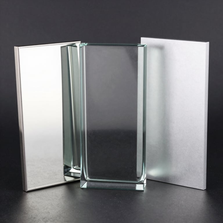 Détail technique de l'épaisseur et de la finition d'un miroir en inox poli.