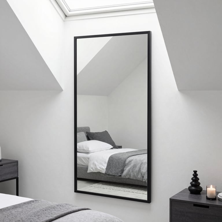Grand miroir noir posé au sol reflétant une chambre épurée.