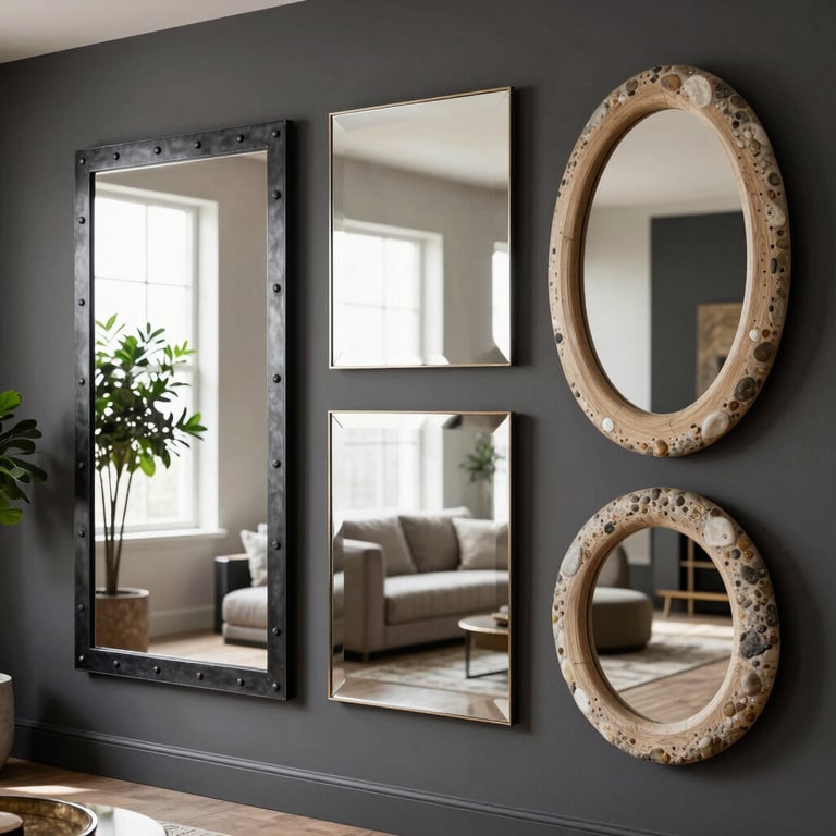 Mélange de miroirs design rectangulaires et ovales sur un mur gris.