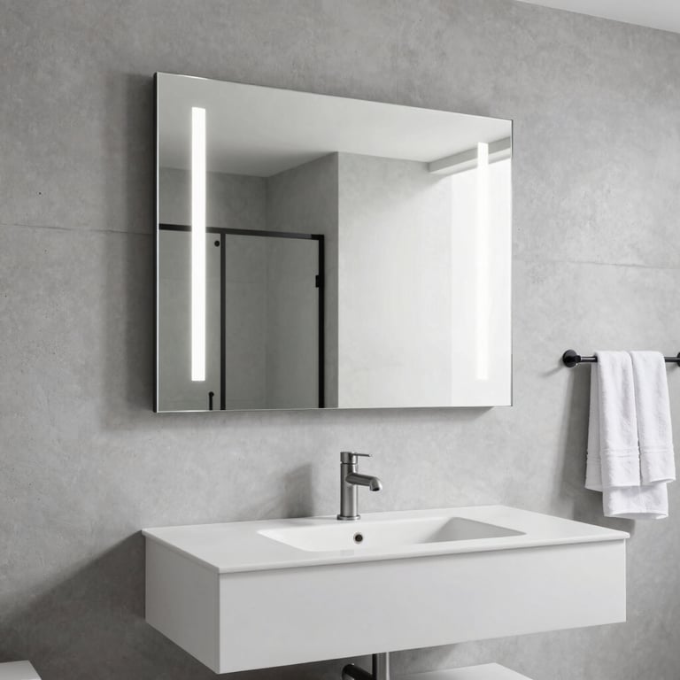 Miroir de salle de bain minimaliste au-dessus d'un lavabo blanc moderne.
