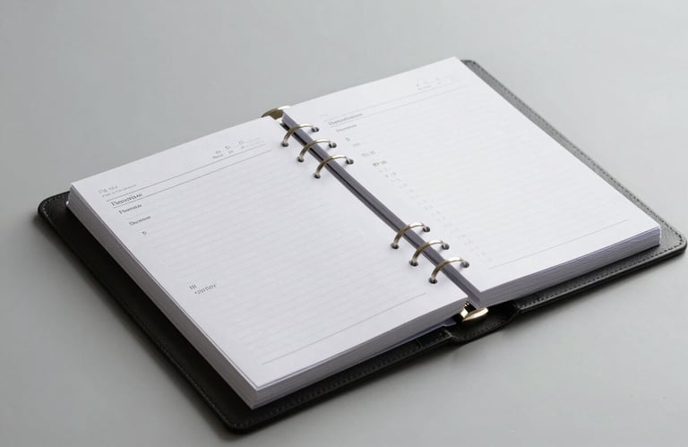 A professional photo of a structured binder and organized study notes on a pale fog grey surface, symbolizing the foundation phase.