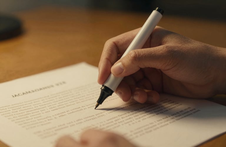 A close-up of hands holding a highlighter and a legal document, with a focused and professional atmosphere in golden yellow tones.