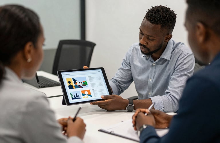 A professional consultation meeting in a Congolese office where a designer is showing a tablet with graphic proposals to a client.