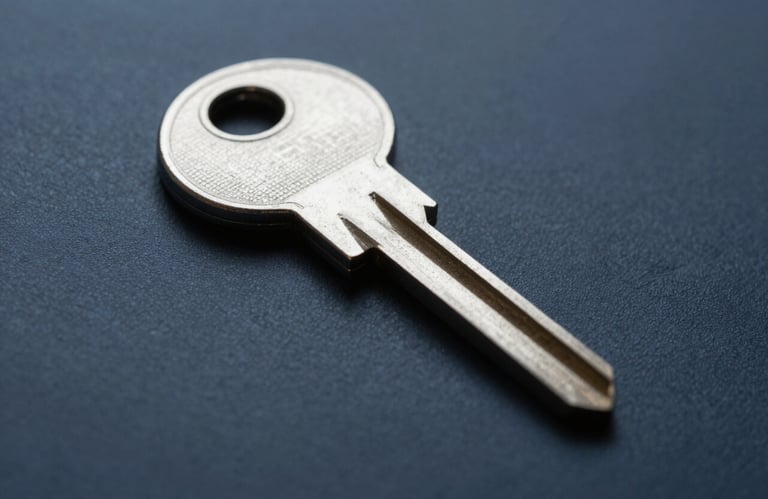 A macro shot of a secure metallic key reflecting light, professional studio setup in a Central European / German context, using Dark Slate Blue tones.