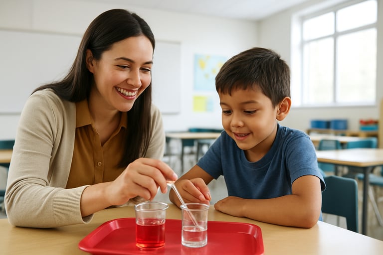 A smiling teacher helping a young child with a simple science experiment in a bright, modern North American / US classroom with white walls.