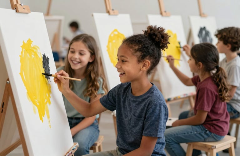 A group of diverse children in North American / US attire laughing while painting on large white canvases with bright yellow and black paint.