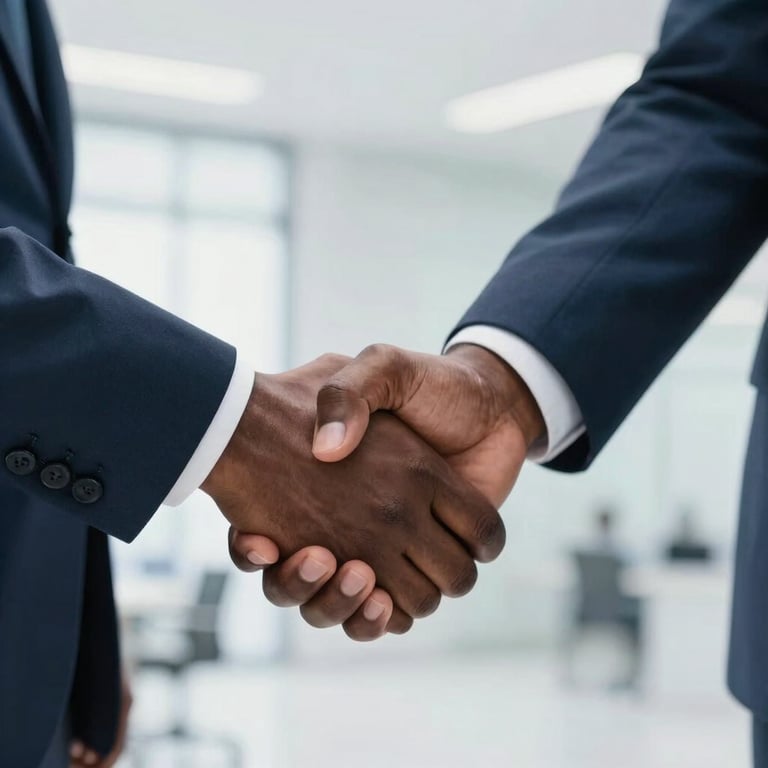 A close-up photograph of a professional handshake between two executives in a bright, modern corporate setting in Sub-Saharan Africa / Pan-African context. Mid blue and white color palette.